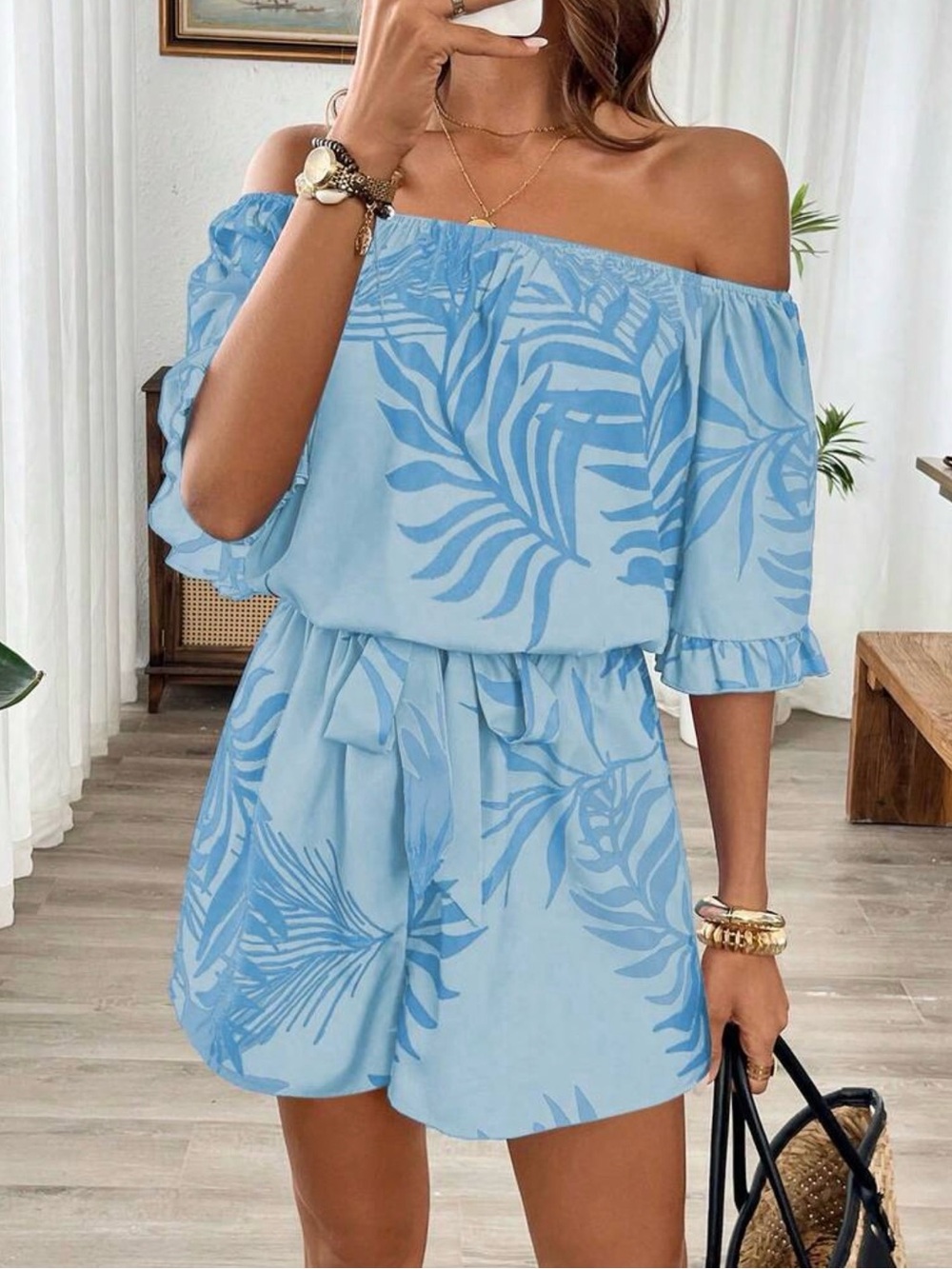 Light Blue Off-Shoulder Tropical Romper